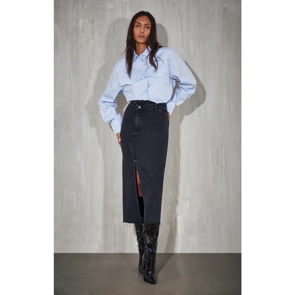 Classic Black Midi Denim Skirt with Front Slit